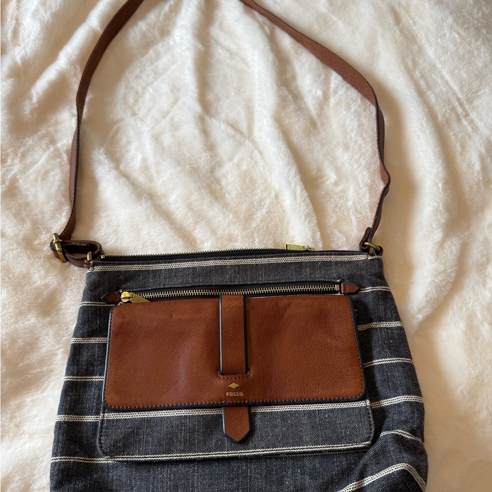 Fossil Black & Brown Striped Denim Leather Crossbody